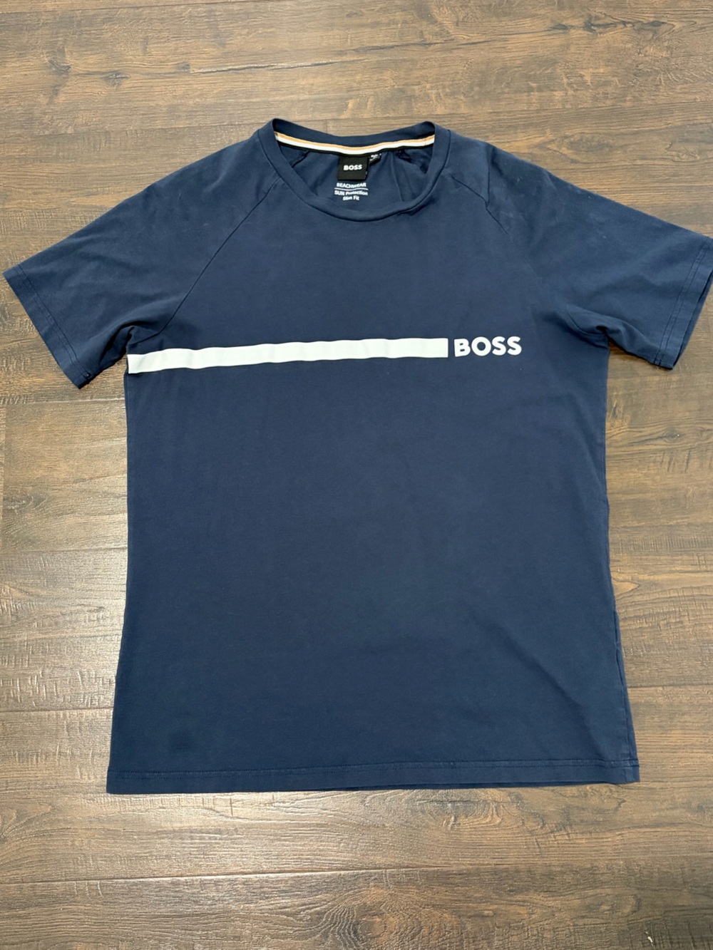Boss Navy Short-Sleeve Tee with White Logo Stripe